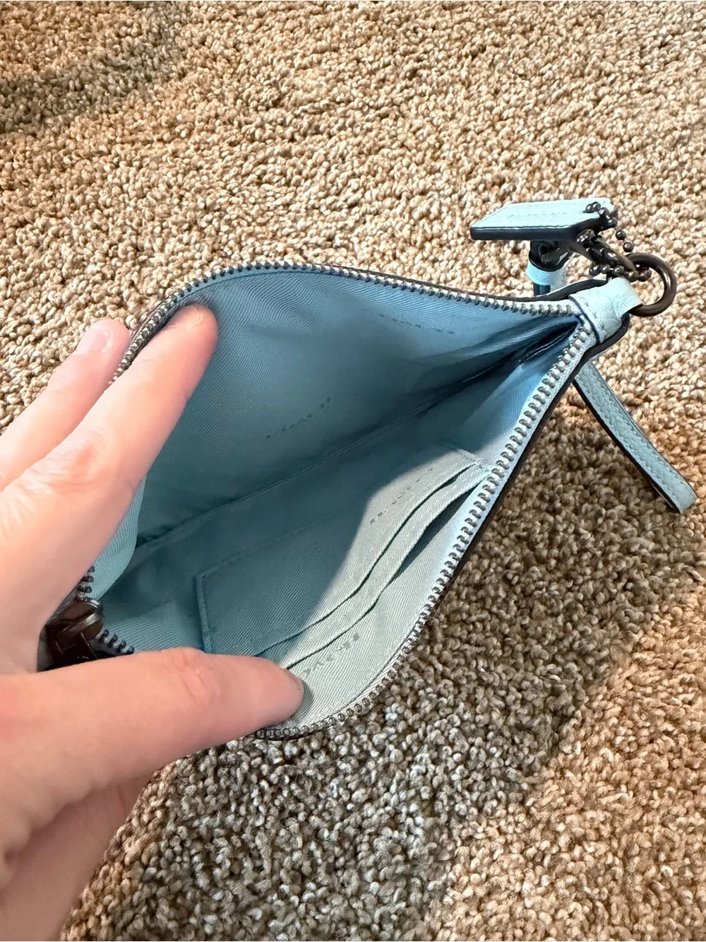 COACH Light Blue Wristlet with Gunmetal Hardware
